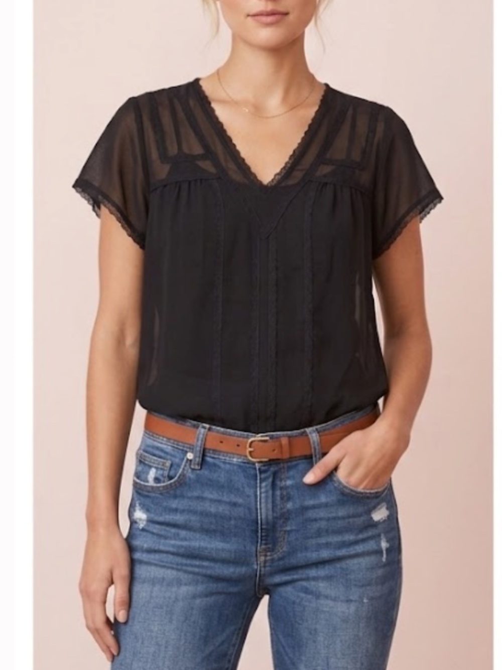 EUC! 1.STATE Women's Medium Black Sheer Lace Trim V-Neck Blouse Top M